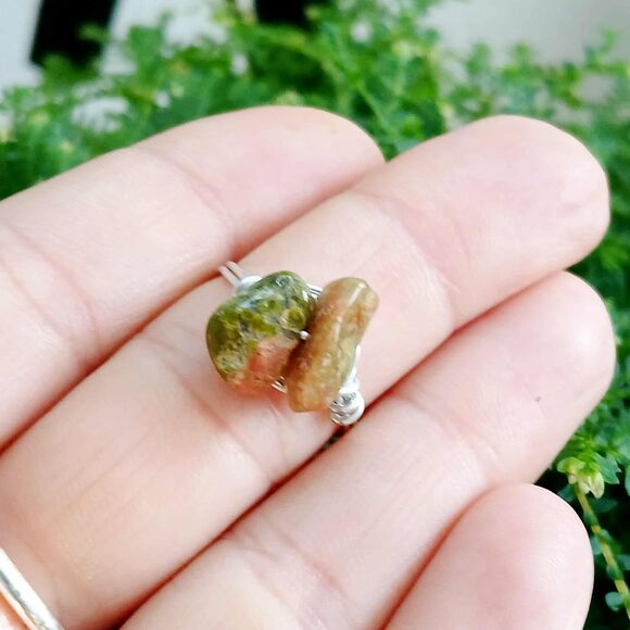 Unakite Crystal Ring, Gemstone Chip Jewelry, Wire Wrapped, Size 7 - Picture 1 of 2